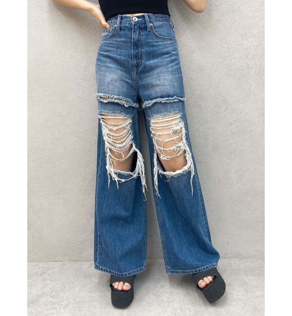 GYDA「ハイウエストThighs cutデザインダメージワイドデニムパンツ」|デニム|