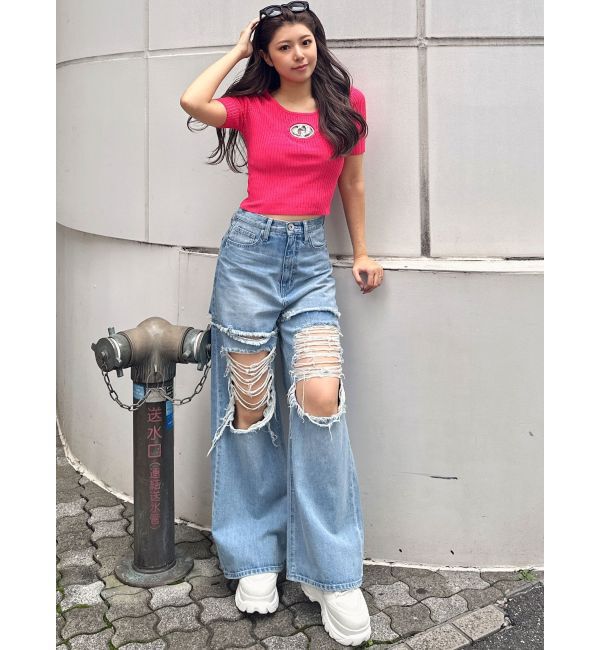 GYDA「ハイウエストThighs cutデザインダメージワイドデニムパンツ」|デニム|