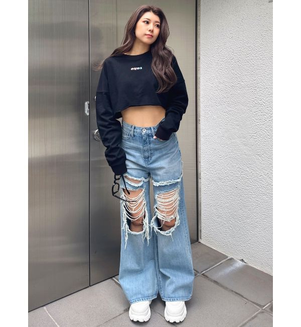 GYDA「ハイウエストThighs cutデザインダメージワイドデニムパンツ」|デニム|