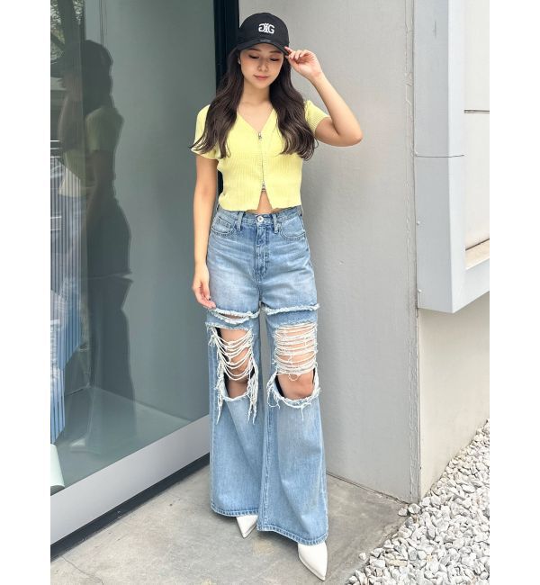 GYDA「ハイウエストThighs cutデザインダメージワイドデニムパンツ」|デニム|