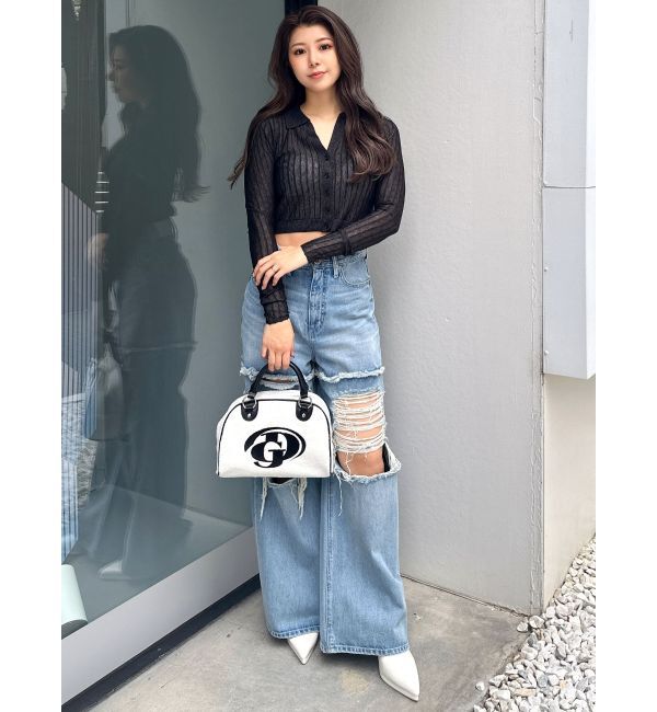 GYDA「ハイウエストThighs cutデザインダメージワイドデニムパンツ」|デニム|