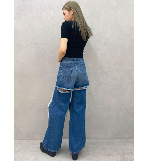 GYDA「ハイウエストThighs cutデザインダメージワイドデニムパンツ」|デニム|