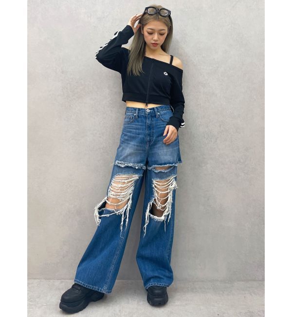 GYDA「ハイウエストThighs cutデザインダメージワイドデニムパンツ」|デニム|