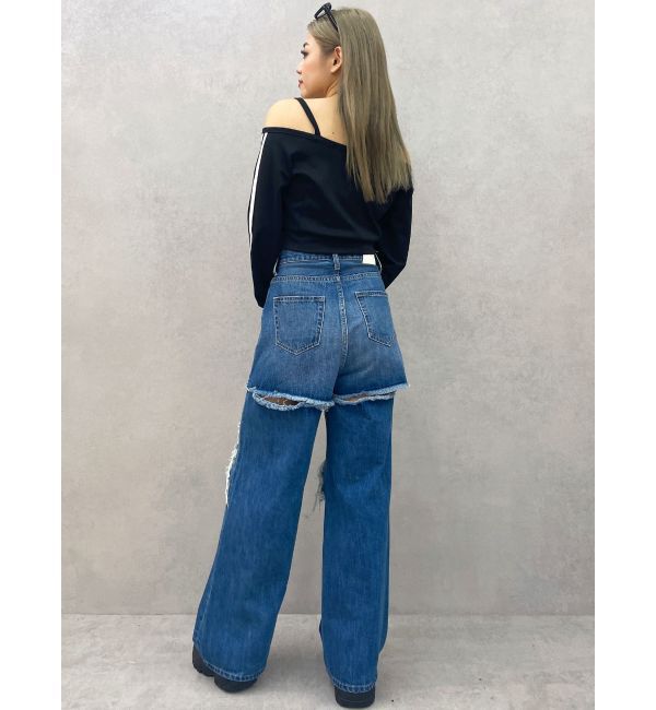 GYDA「ハイウエストThighs cutデザインダメージワイドデニムパンツ」|デニム|