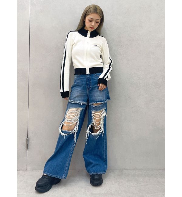 GYDA「ハイウエストThighs cutデザインダメージワイドデニムパンツ」|デニム|