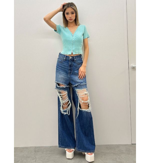 GYDA「ハイウエストThighs cutデザインダメージワイドデニムパンツ」|デニム|