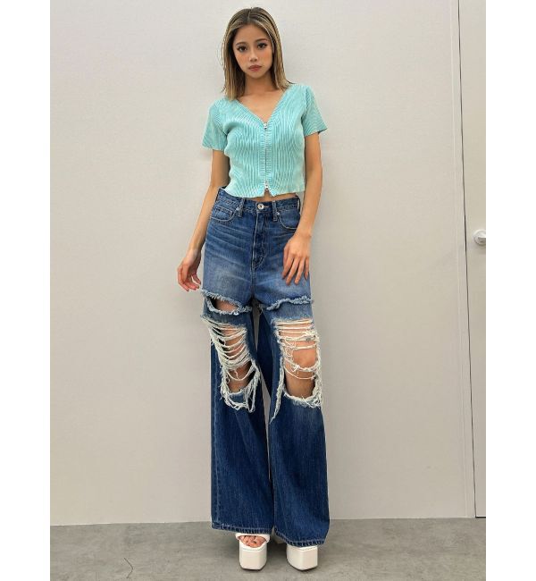 GYDA「ハイウエストThighs cutデザインダメージワイドデニムパンツ」|デニム|