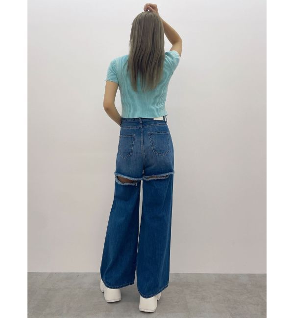 GYDA「ハイウエストThighs cutデザインダメージワイドデニムパンツ」|デニム|