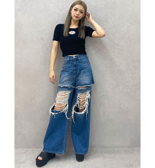 GYDA「ハイウエストThighs cutデザインダメージワイドデニムパンツ」|デニム|