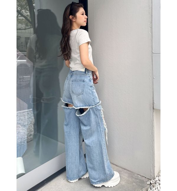 GYDA「ハイウエストThighs cutデザインダメージワイドデニムパンツ」|デニム|