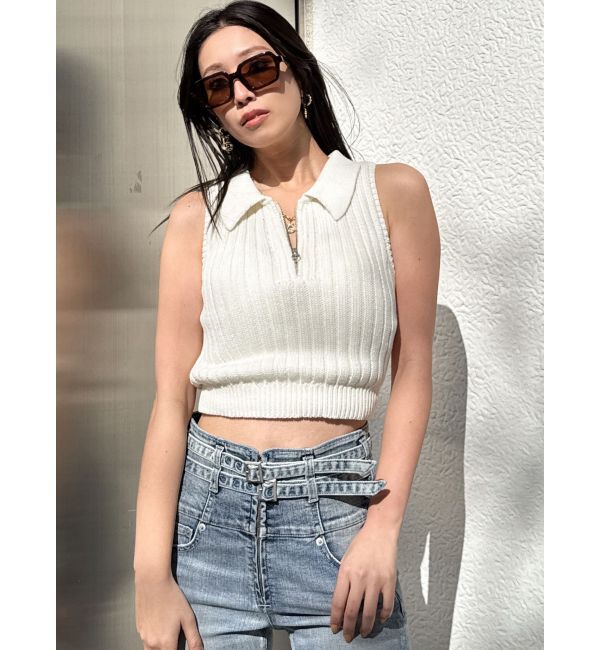 GYDA「ハーフZIPノースリブリーチポロニットトップス」|ニット・セーター|