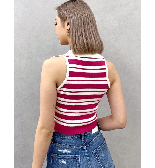 GYDA「ボーダーノースリPOLOニットトップス」|ニット・セーター|