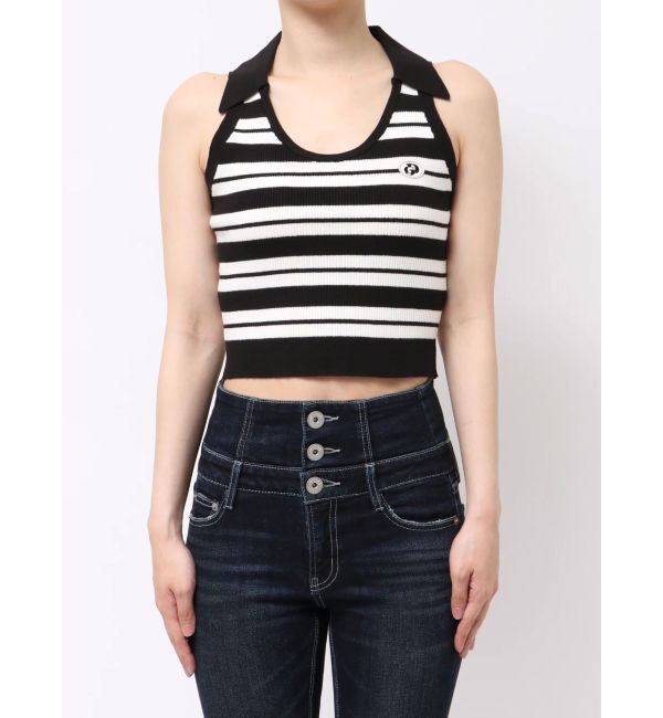 GYDA「ボーダーノースリPOLOニットトップス」|ニット・セーター|