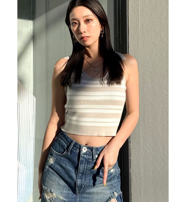 GYDA「ボーダーノースリPOLOニットトップス」|ニット・セーター|ベージュ