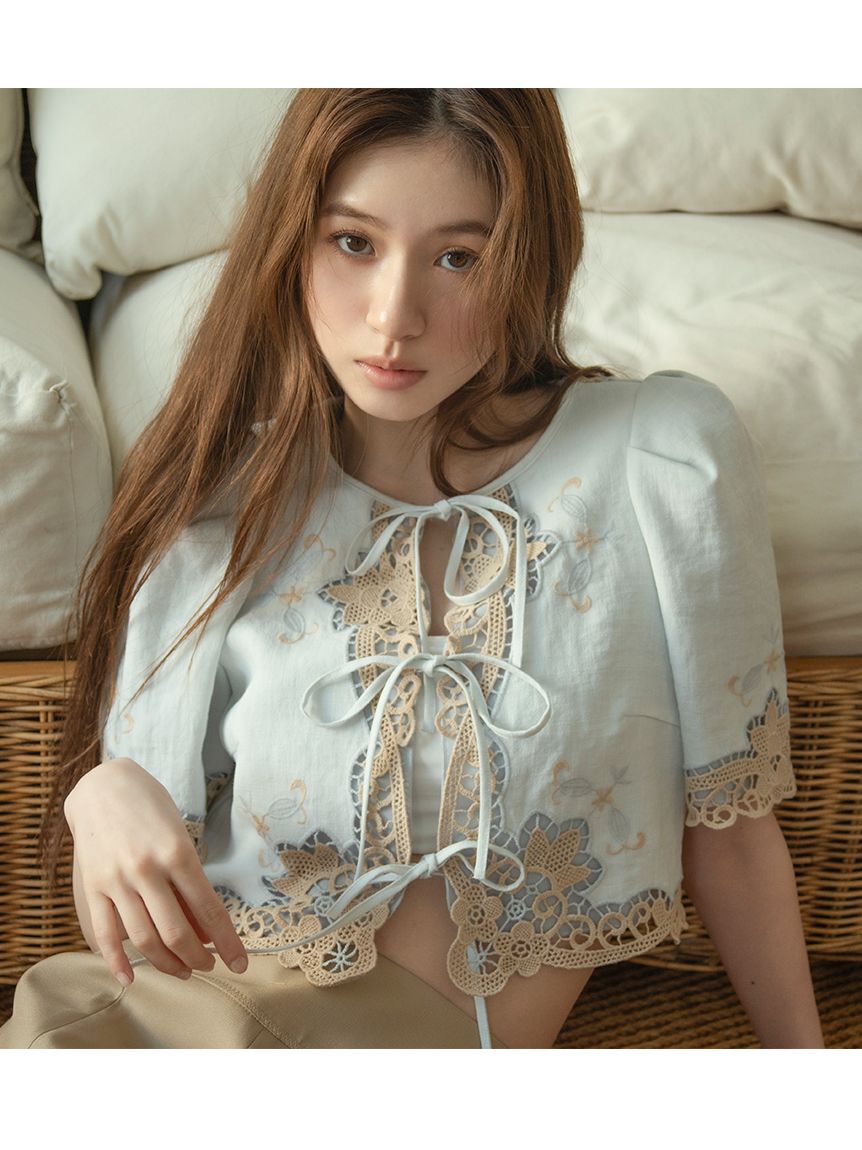 LILY BROWN「カットワークパネルレースジャケット」|ノーカラージャケット|