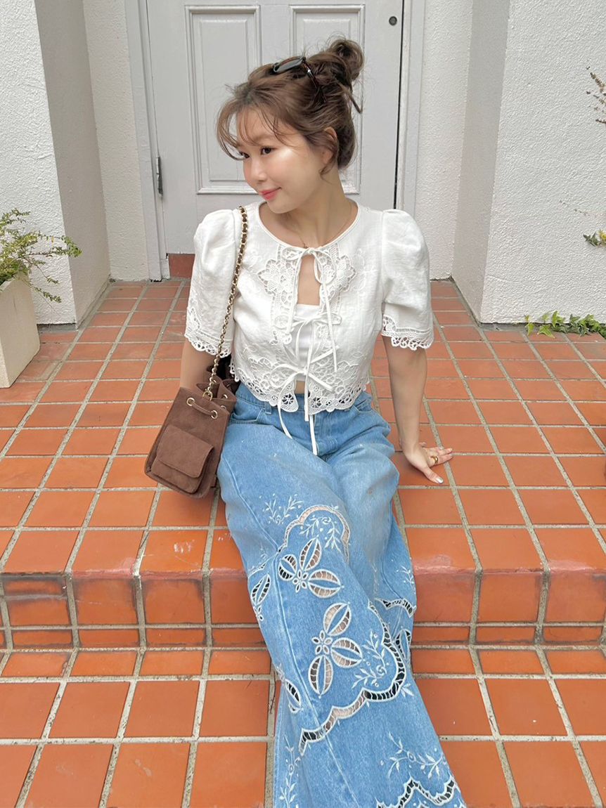 LILY BROWN「カットワークパネルレースジャケット」|ノーカラージャケット|