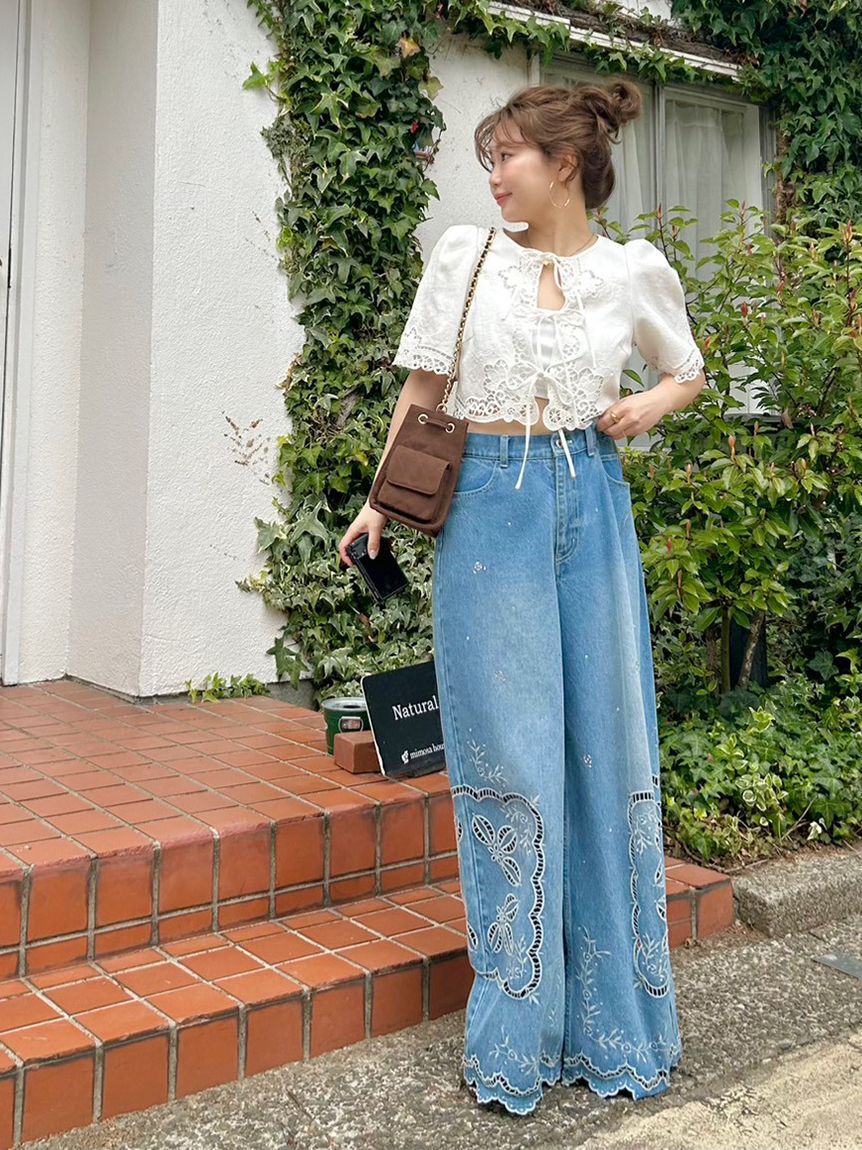 LILY BROWN「カットワークパネルレースジャケット」|ノーカラージャケット|