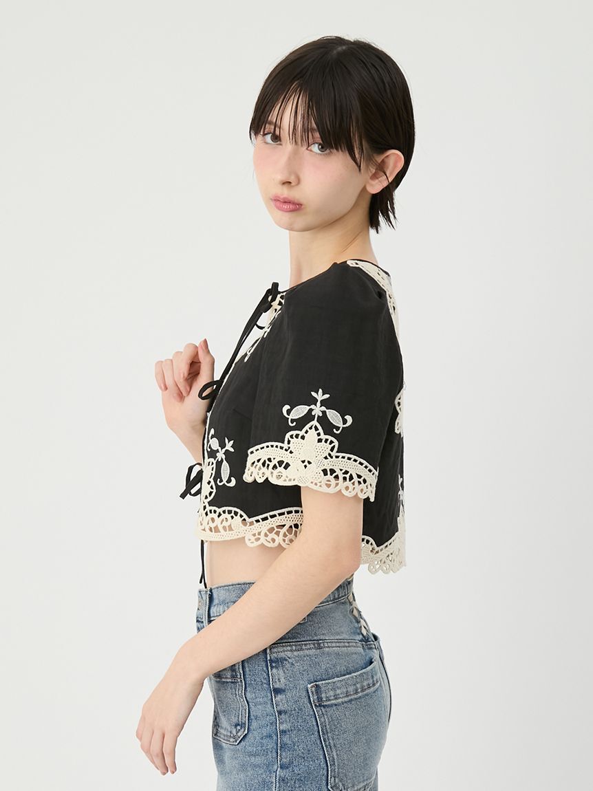 LILY BROWN「カットワークパネルレースジャケット」|ノーカラージャケット|