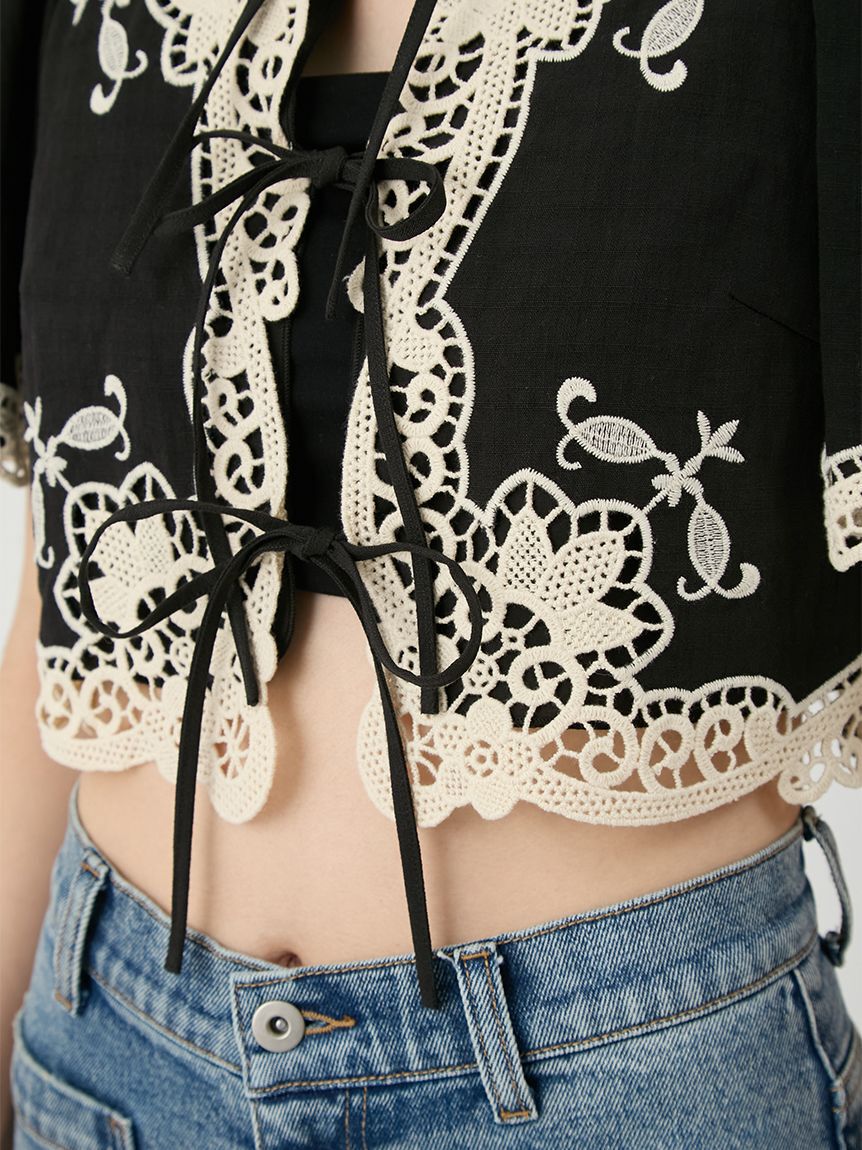 LILY BROWN「カットワークパネルレースジャケット」|ノーカラージャケット|