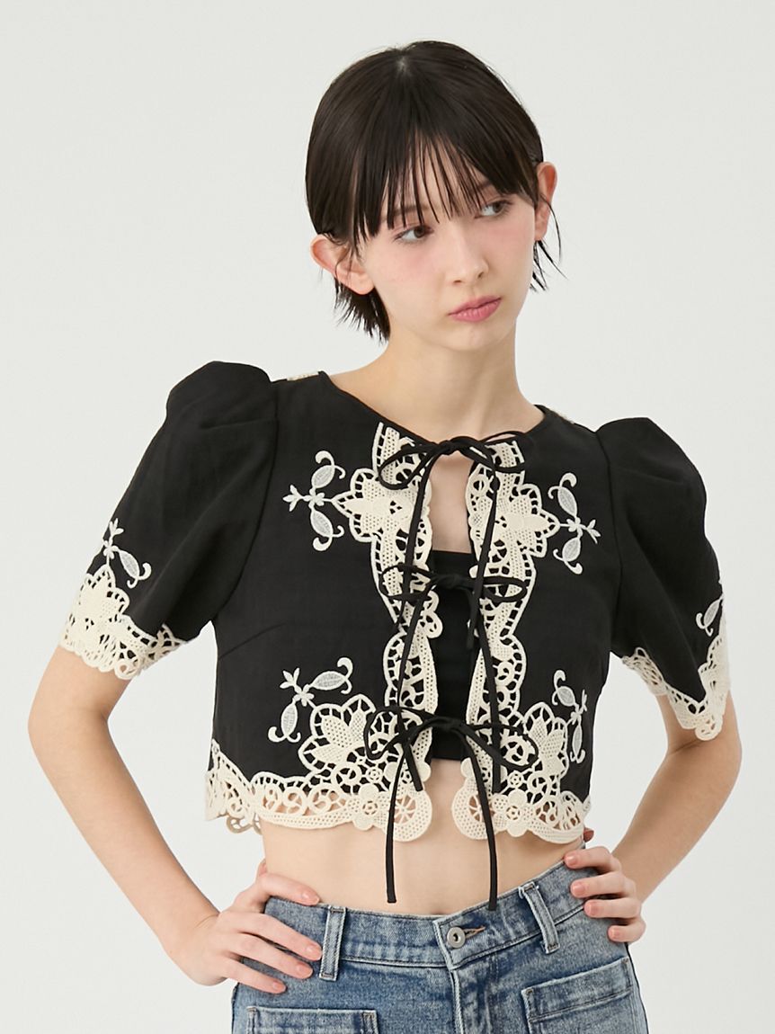 LILY BROWN「カットワークパネルレースジャケット」|ノーカラージャケット|BLK