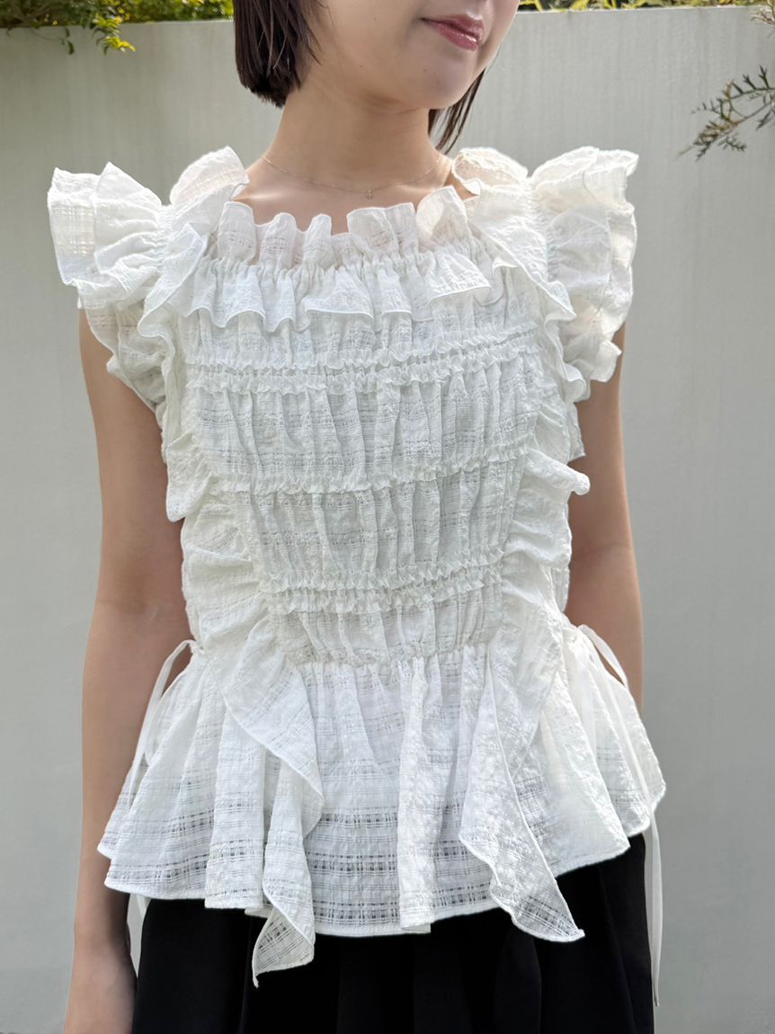LILY BROWN「【WEB限定カラー】シャーリングレイヤーフリルトップス」|Tシャツ・カットソー|WHT