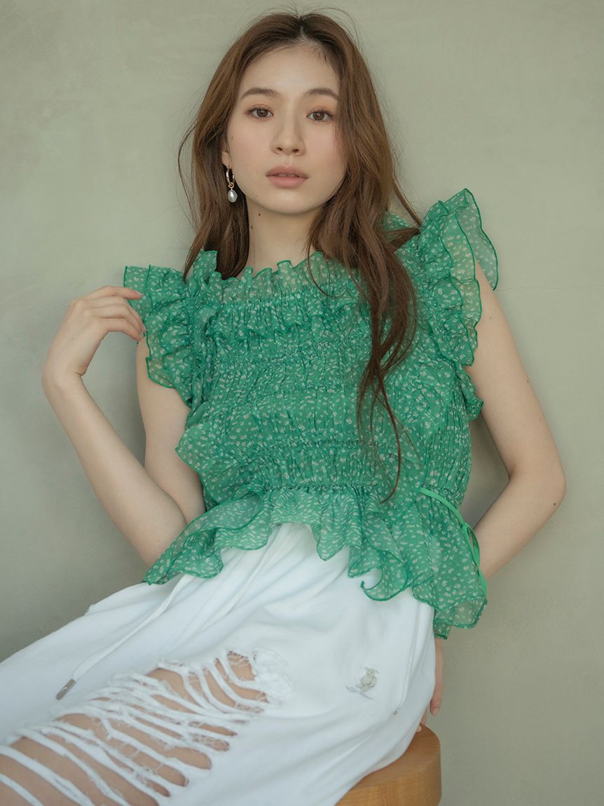 LILY BROWN「【WEB限定カラー】シャーリングレイヤーフリルトップス」|Tシャツ・カットソー|