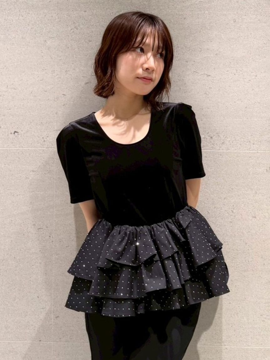 LILY BROWN「ベロアペプラムフリルトップス」|Tシャツ・カットソー|BLK