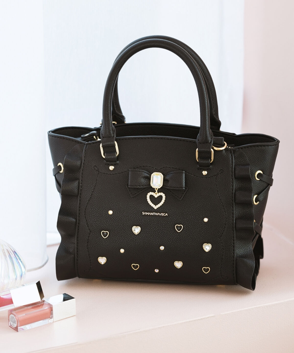 Samantha Vega「サイドレースアップリボンビジューミニフラッター」|ショルダー・メッセンジャー|ブラック