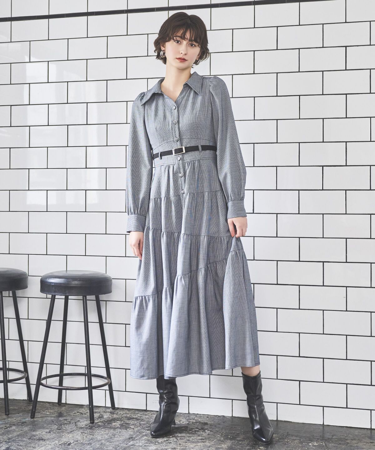 アンドクチュール「ラメ千鳥ティアードシャツワンピース」|ワンピース|