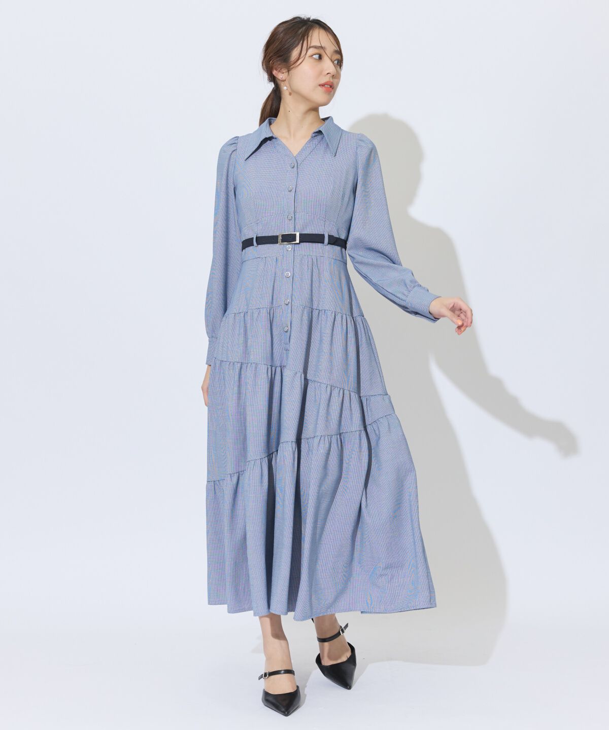 アンドクチュール「ラメ千鳥ティアードシャツワンピース」|ワンピース|ブルー