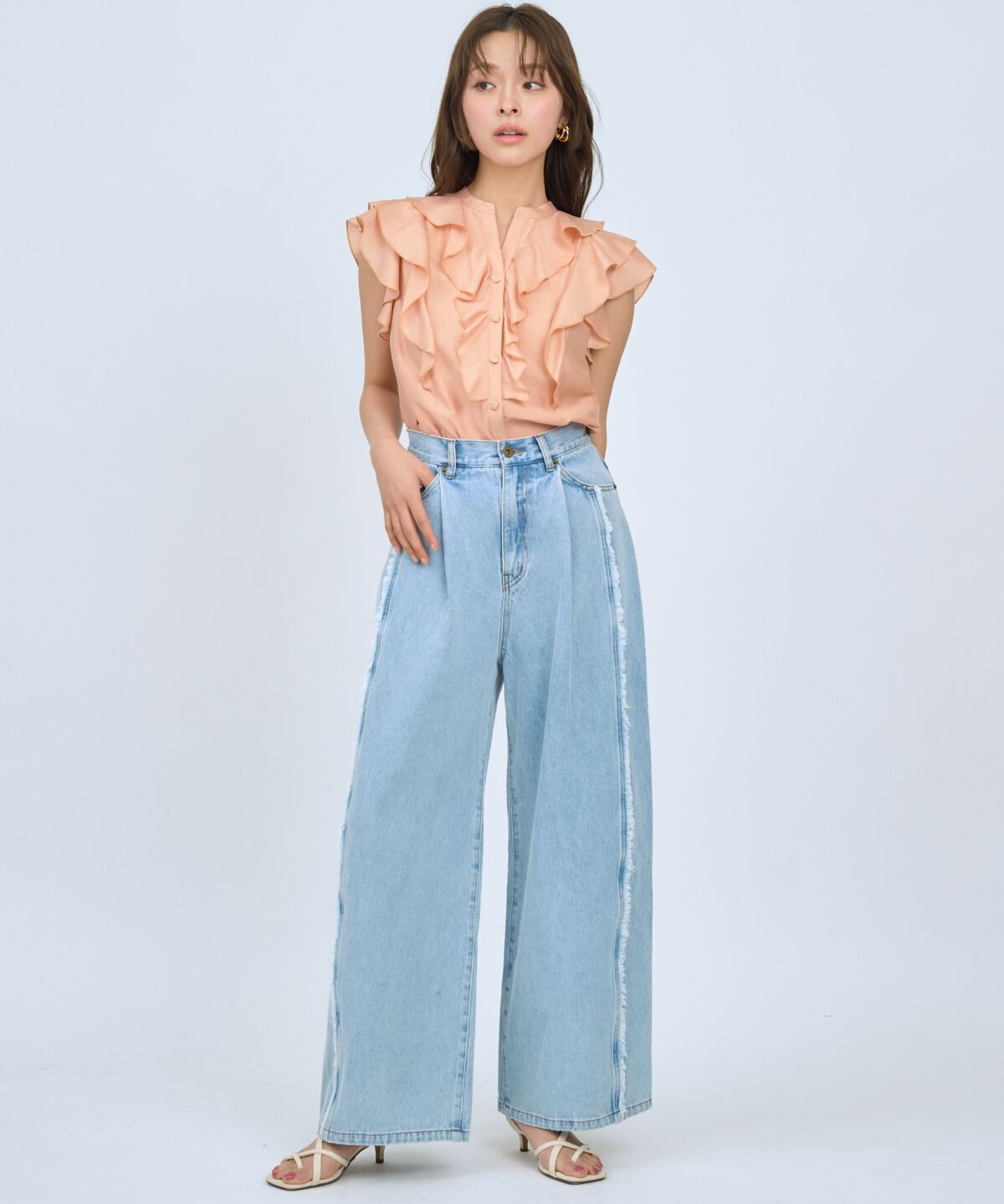 アンドクチュール「フリンジラインワイドデニムパンツ」|デニム|