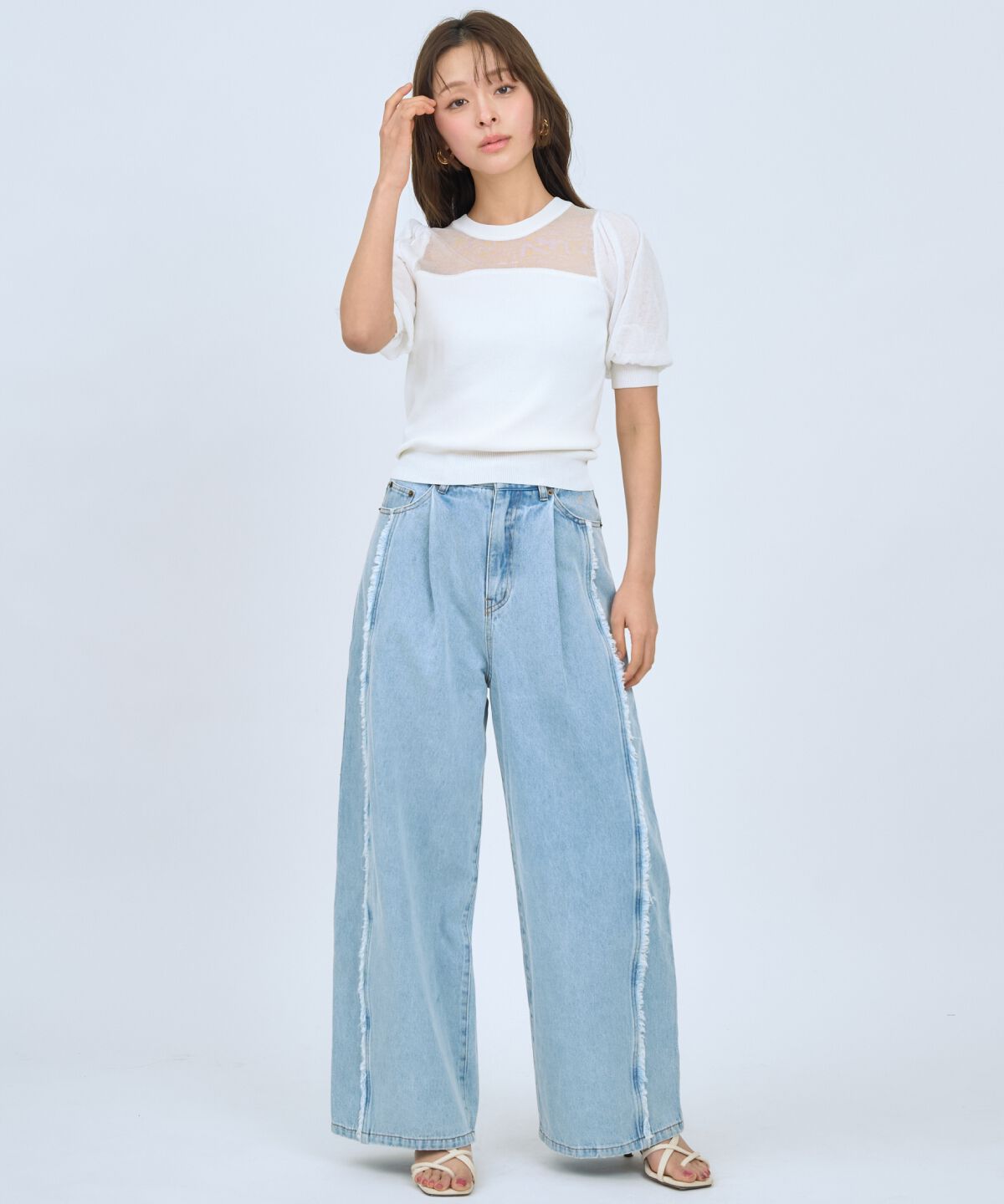 アンドクチュール「フリンジラインワイドデニムパンツ」|デニム|