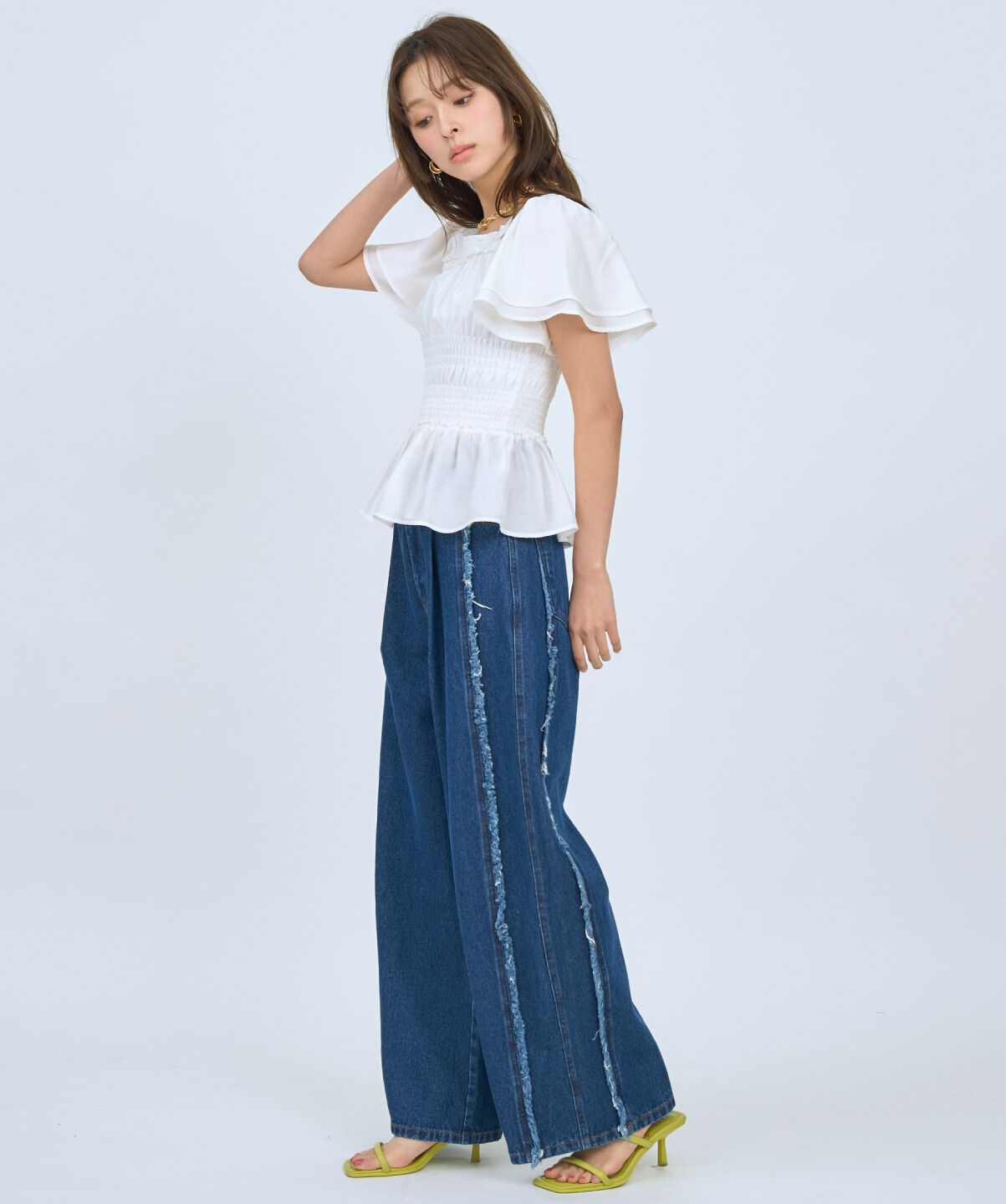 アンドクチュール「フリンジラインワイドデニムパンツ」|デニム|