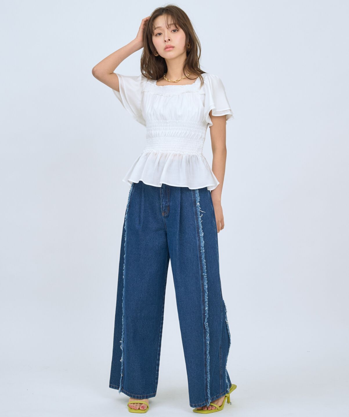 アンドクチュール「フリンジラインワイドデニムパンツ」|デニム|