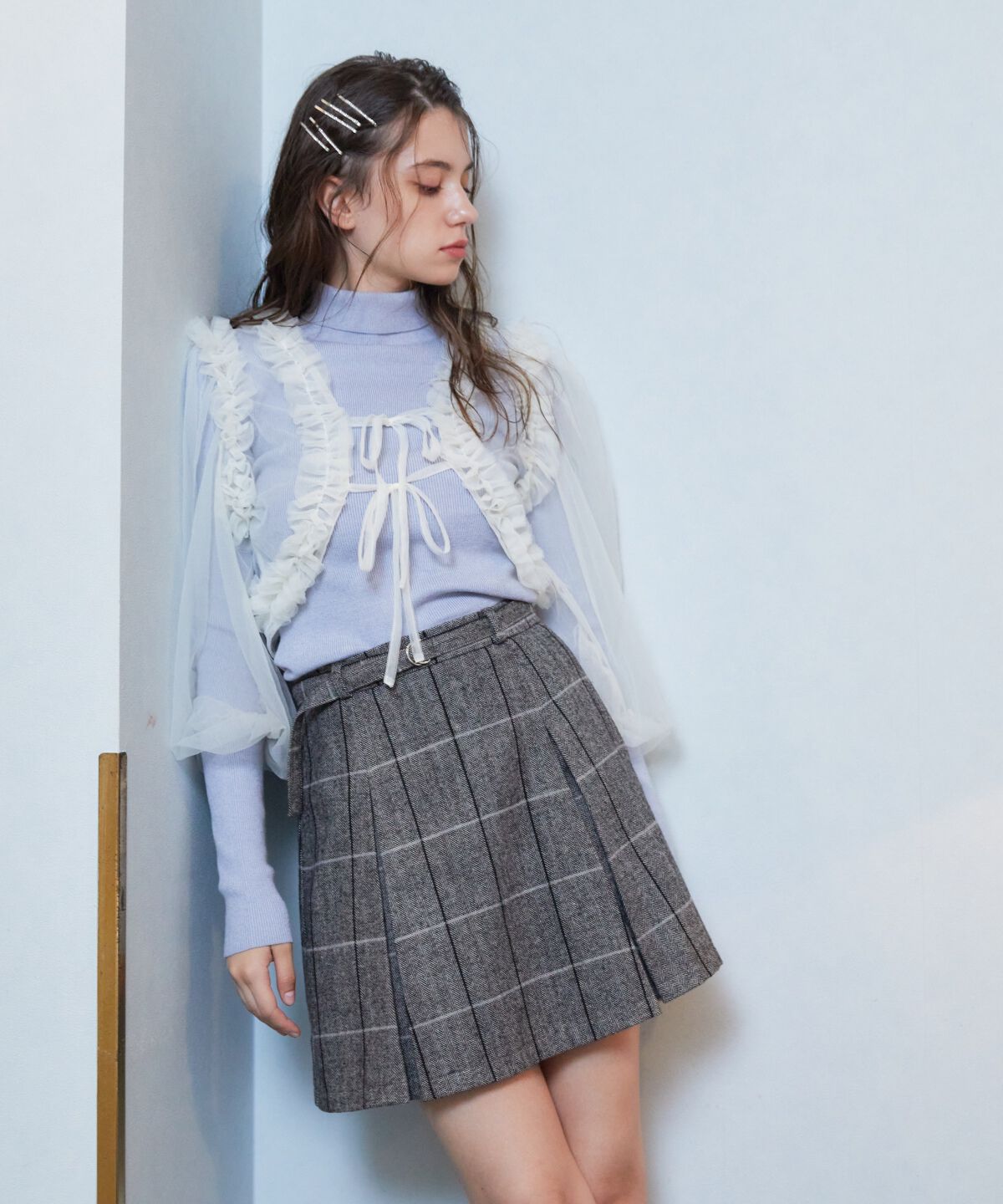 REDYAZEL「ヘリンボーンチェックタックミニスカート」|フレア|