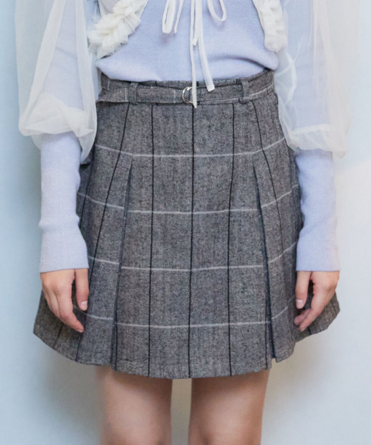 REDYAZEL「ヘリンボーンチェックタックミニスカート」|フレア|
