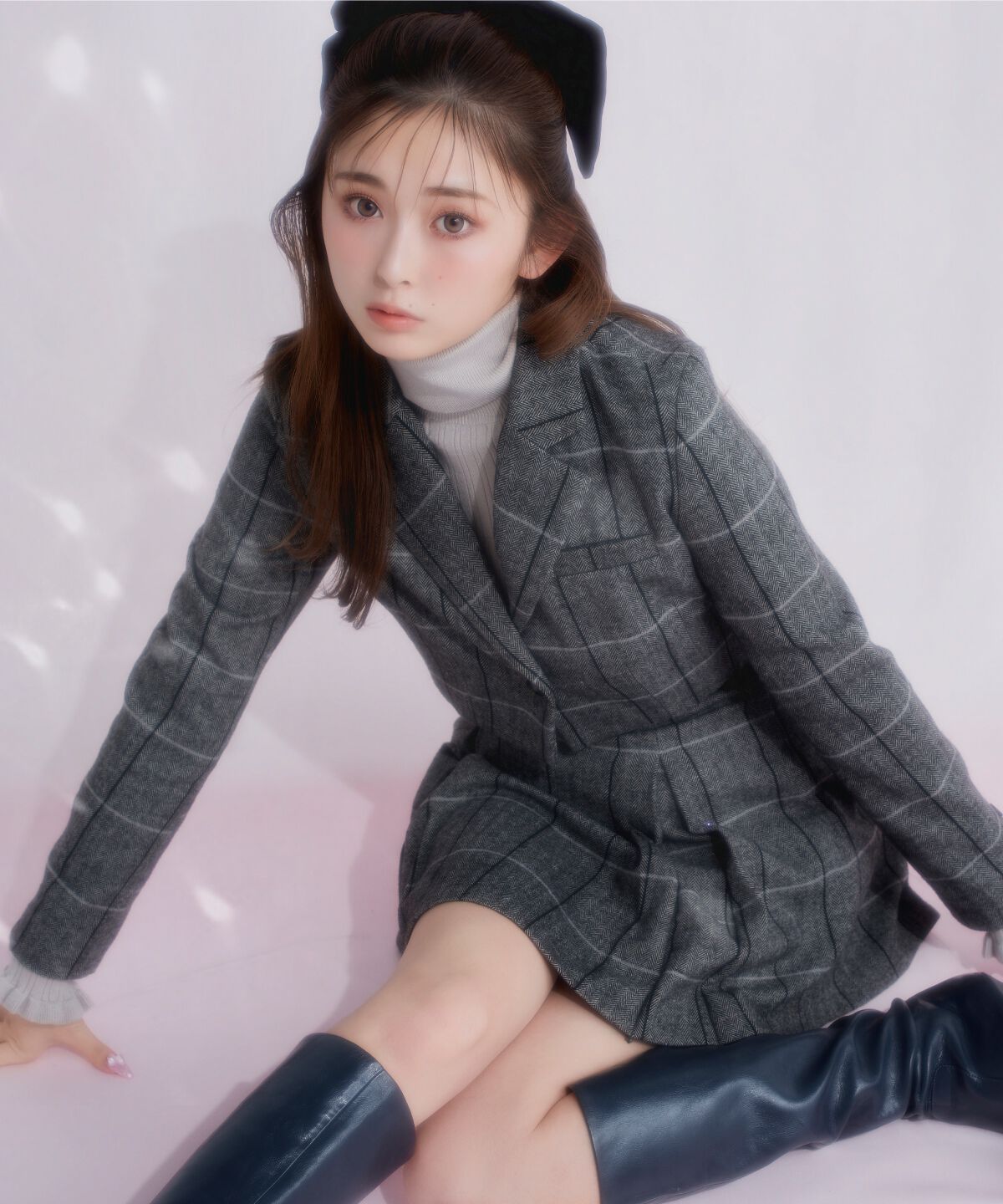 REDYAZEL「ヘリンボーンチェックテーラーショートジャケット」|テーラードジャケット|グレー