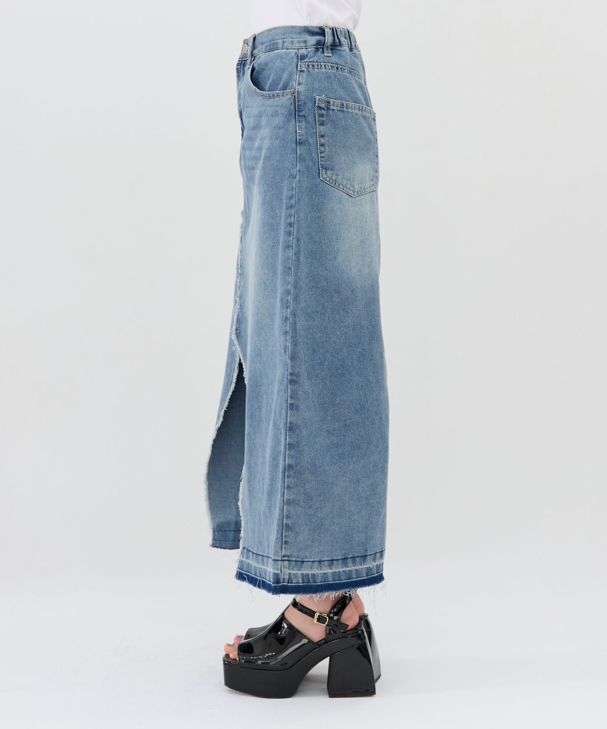 REDYAZEL「リメイク風フリンジヘムデニムロングスカート」|タイト|