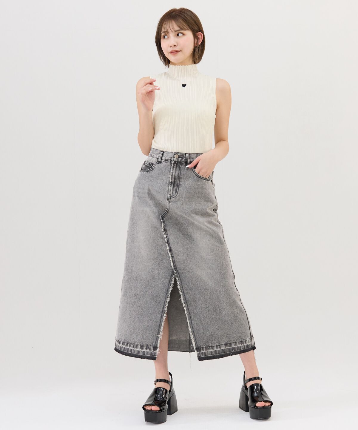 REDYAZEL「リメイク風フリンジヘムデニムロングスカート」|タイト|