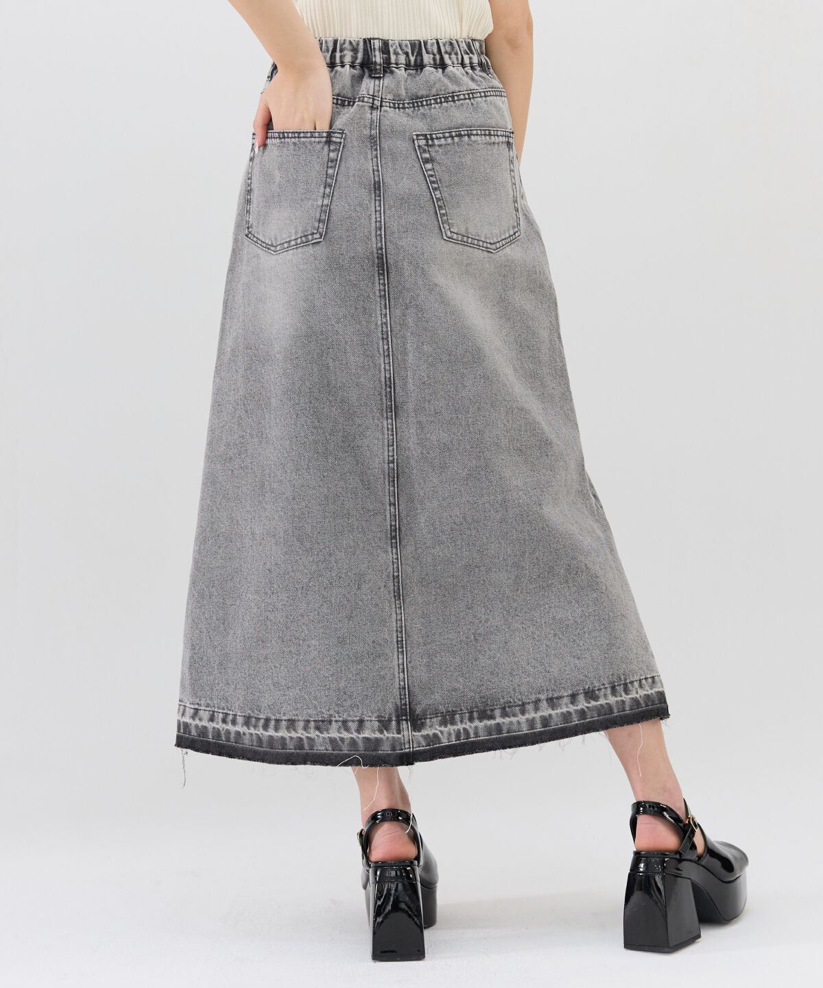 REDYAZEL「リメイク風フリンジヘムデニムロングスカート」|タイト|