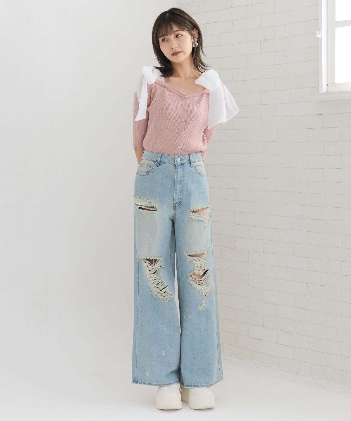 REDYAZEL「ショルダーリボンオフショルニットトップス」|カーディガン|