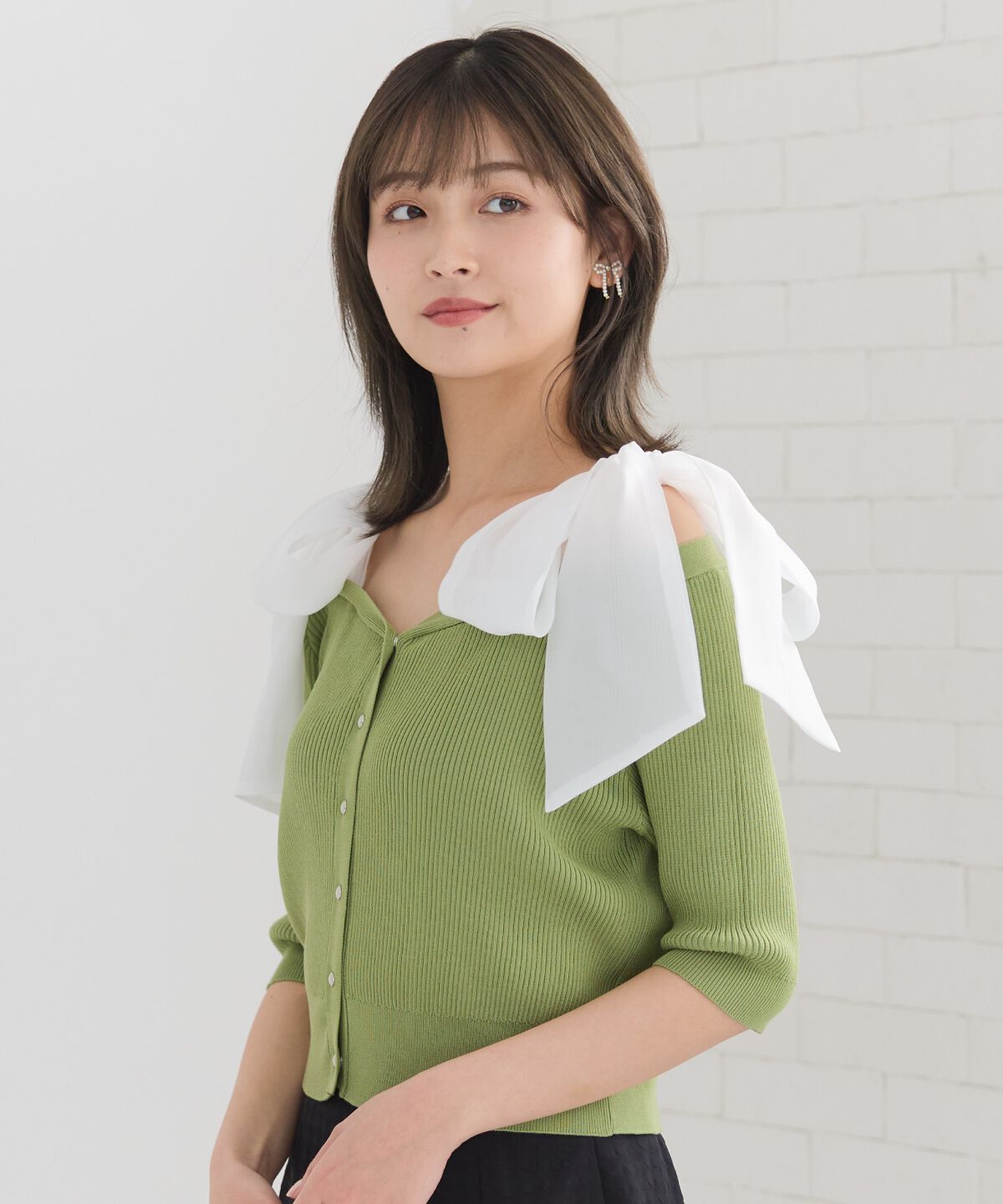 REDYAZEL「ショルダーリボンオフショルニットトップス」|カーディガン|