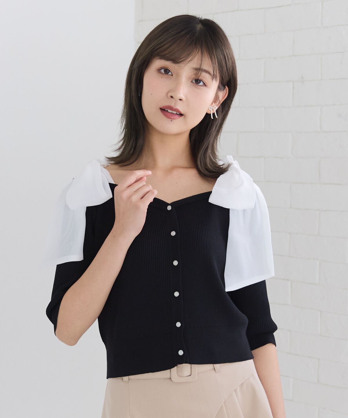 REDYAZEL「ショルダーリボンオフショルニットトップス」|カーディガン|