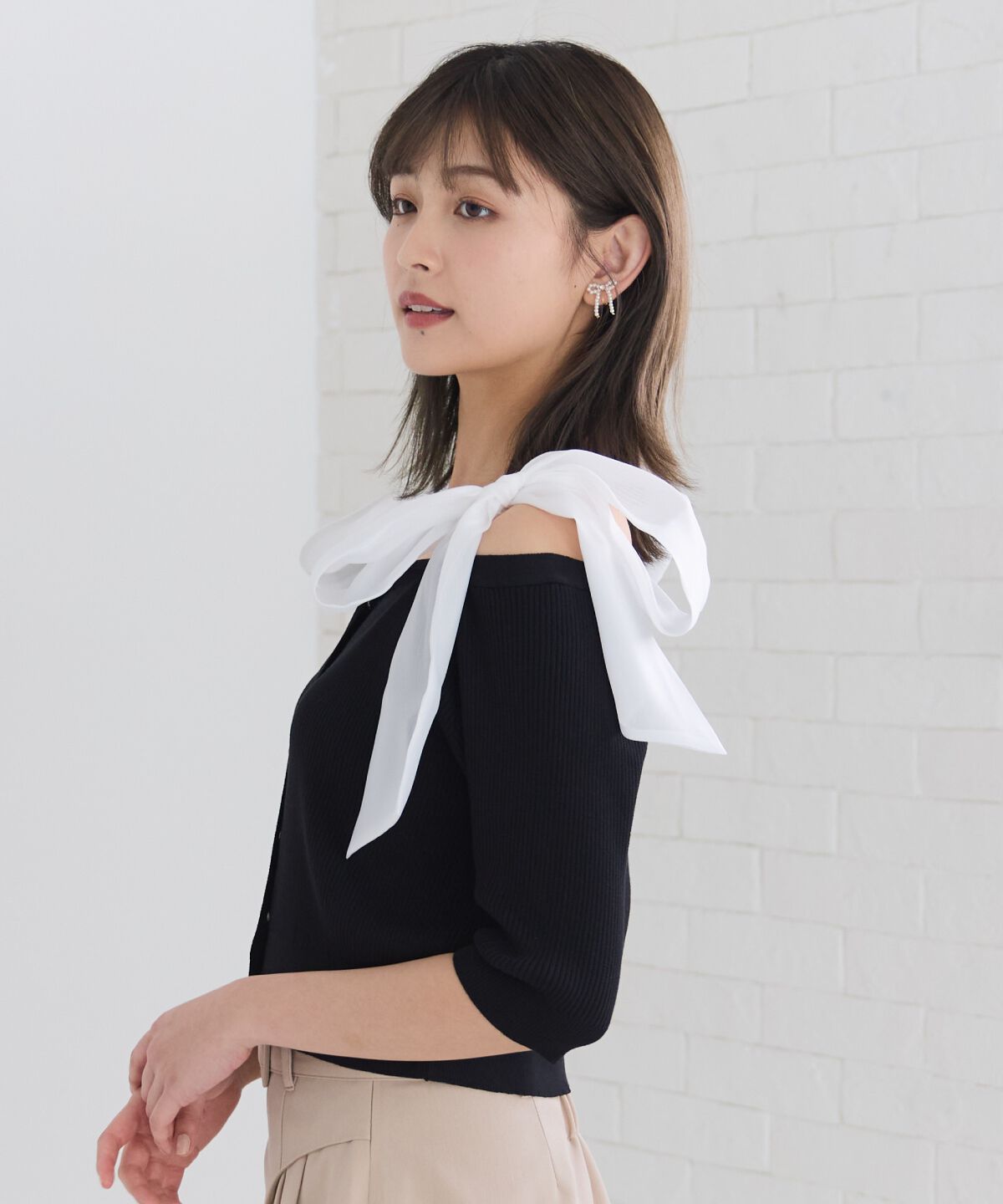 REDYAZEL「ショルダーリボンオフショルニットトップス」|カーディガン|