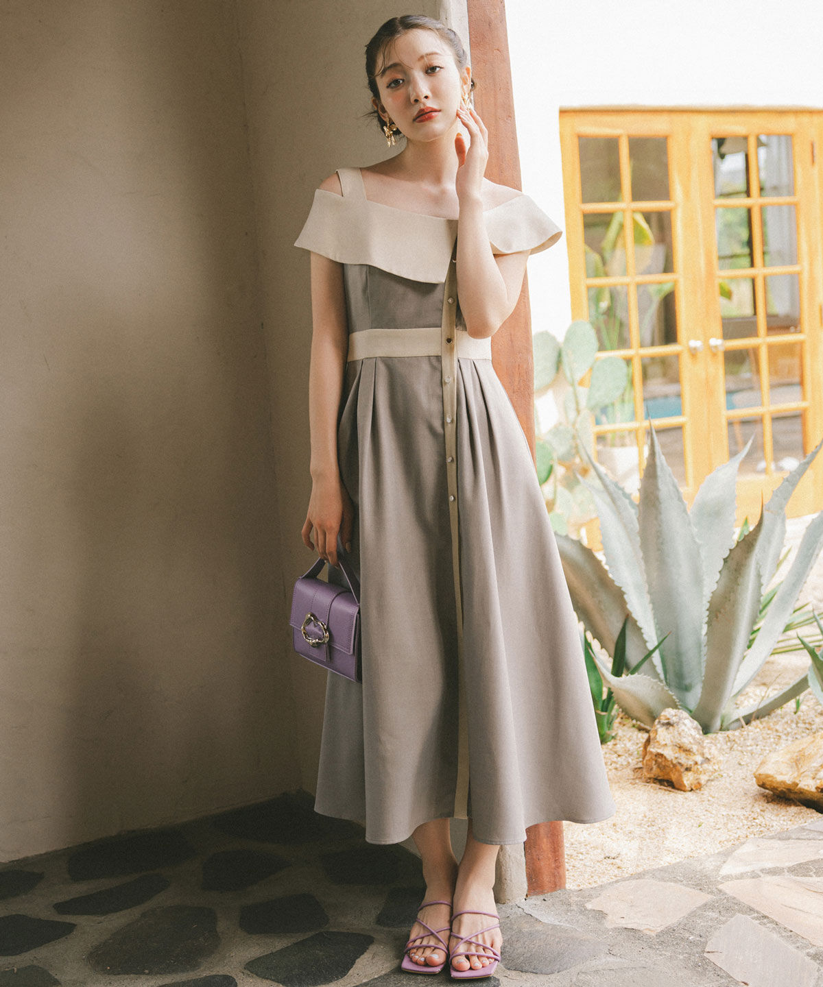 REDYAZEL「バイカラーアシメショルダーワンピース」|ワンピース|グレー