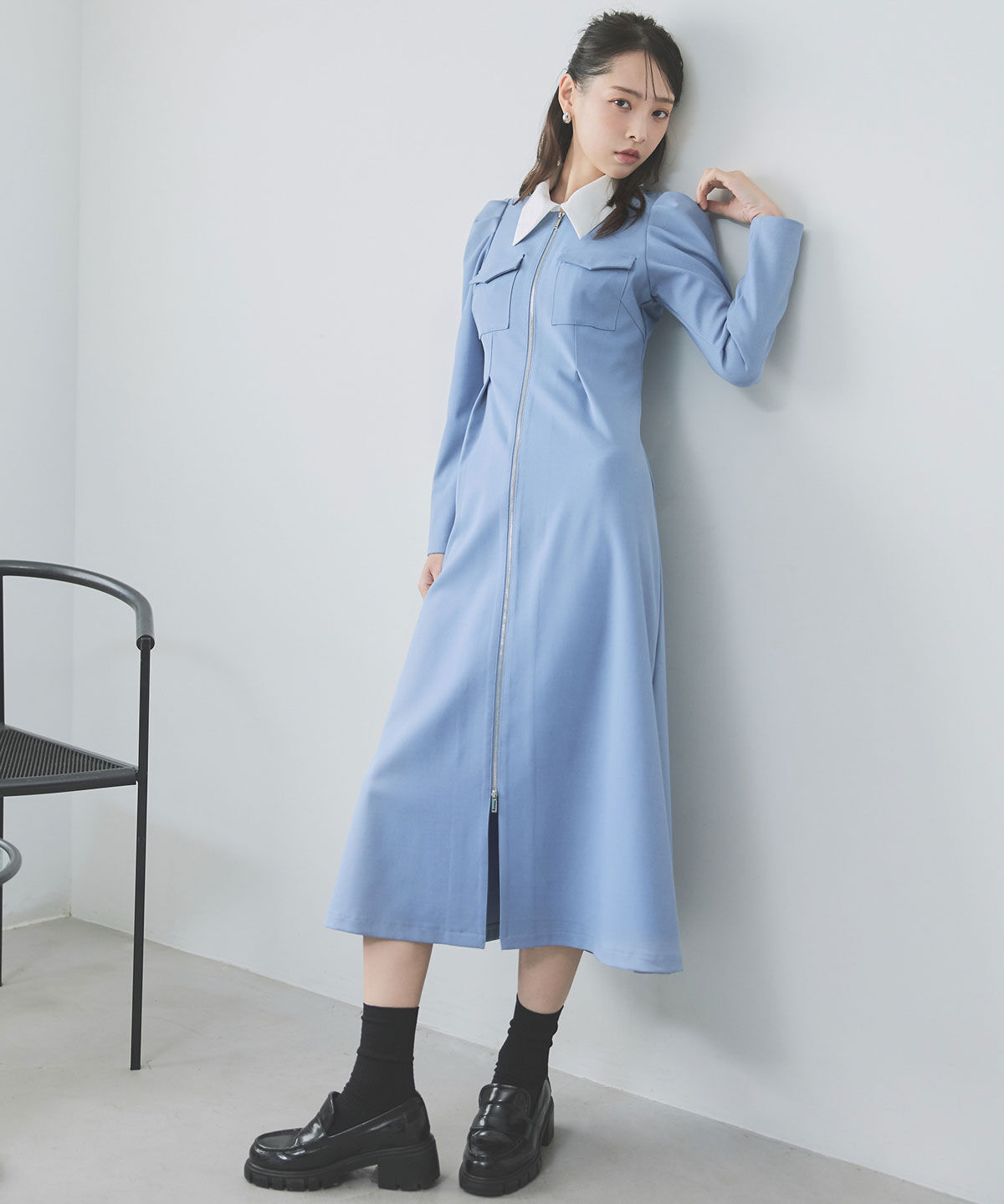 REDYAZEL「フロントZIPバイカラーロングワンピース」|ワンピース|ブルー