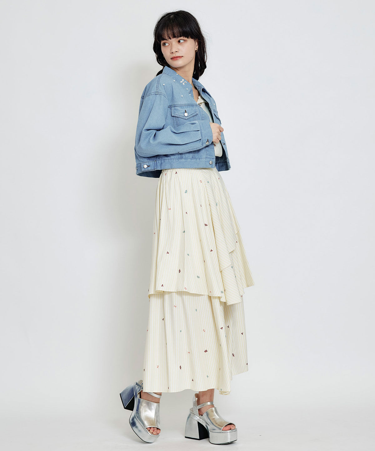 REDYAZEL「フラワービジューパールデニムジャケット」|デニムジャケット|