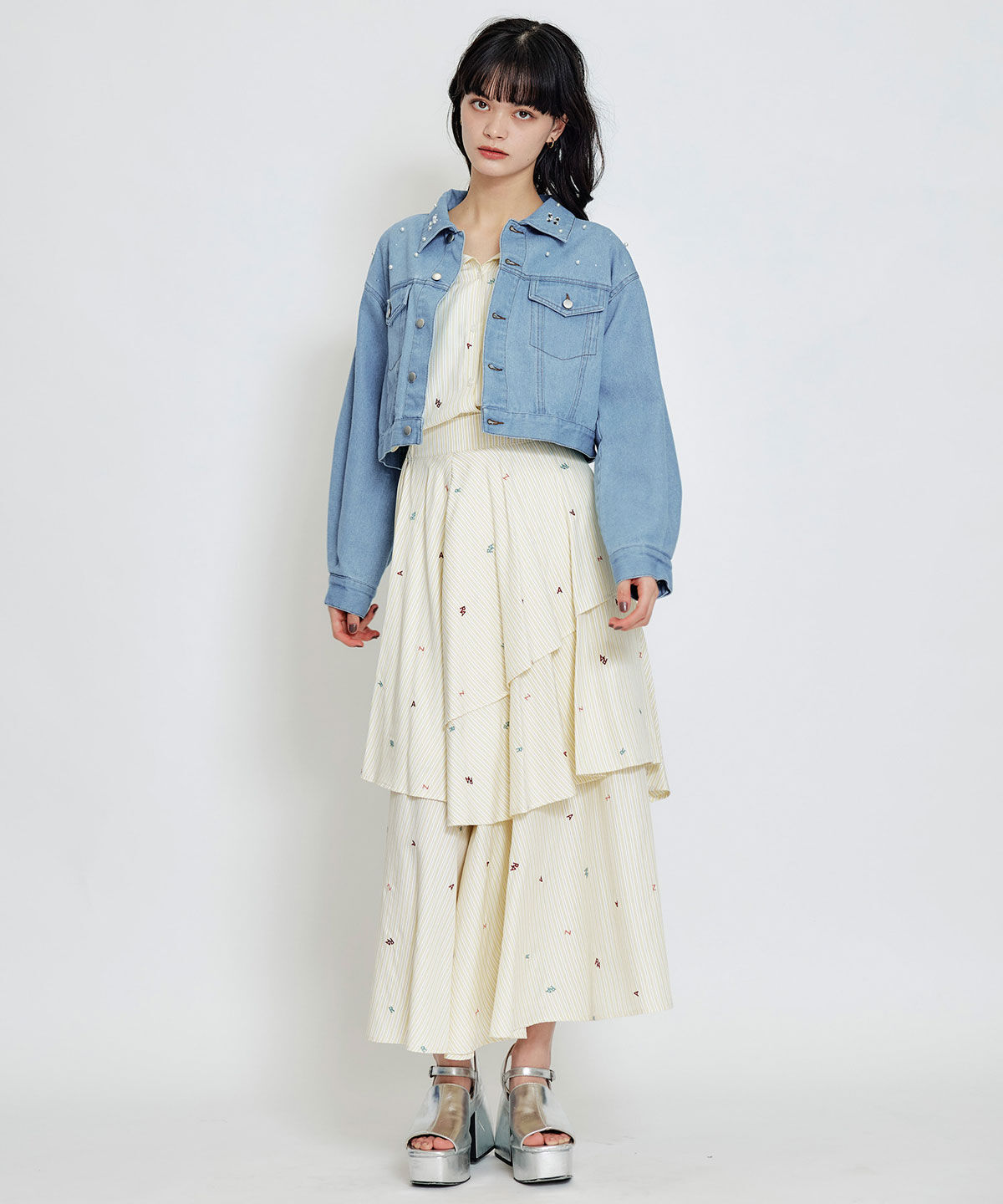 REDYAZEL「フラワービジューパールデニムジャケット」|デニムジャケット|