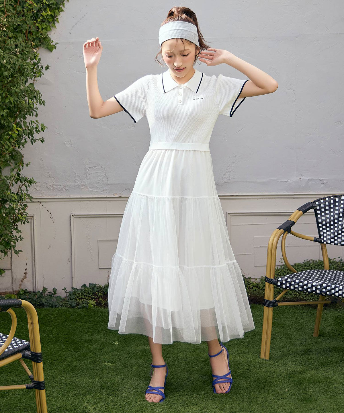 REDYAZEL「ポロニットチュールティアードドッキングロングワンピース」|ワンピース|