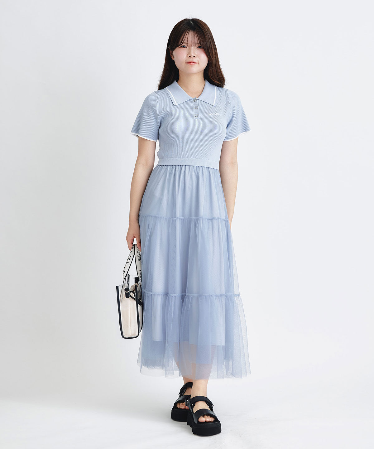 REDYAZEL「ポロニットチュールティアードドッキングロングワンピース」|ワンピース|